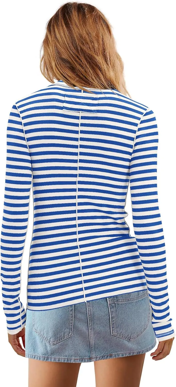 Yanekop Womens Striped Turtleneck Shirt Long Sleeve Striped Shirts Ribbed Knit Slim Fit Top Fitted Basic Tees