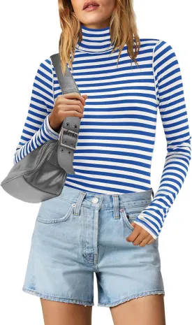 Yanekop Womens Striped Turtleneck Shirt Long Sleeve Striped Shirts Ribbed Knit Slim Fit Top Fitted Basic Tees