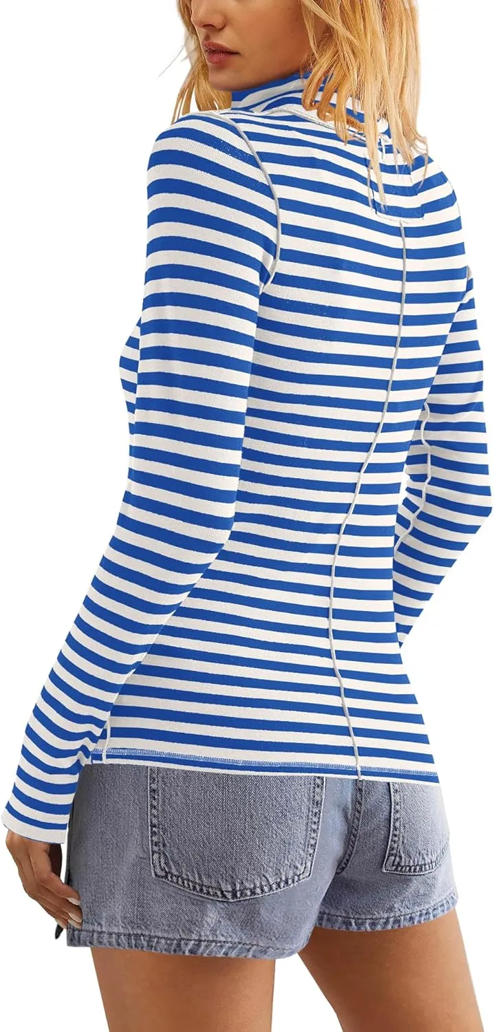 Yanekop Womens Striped Turtleneck Shirt Long Sleeve Striped Shirts Ribbed Knit Slim Fit Top Fitted Basic Tees