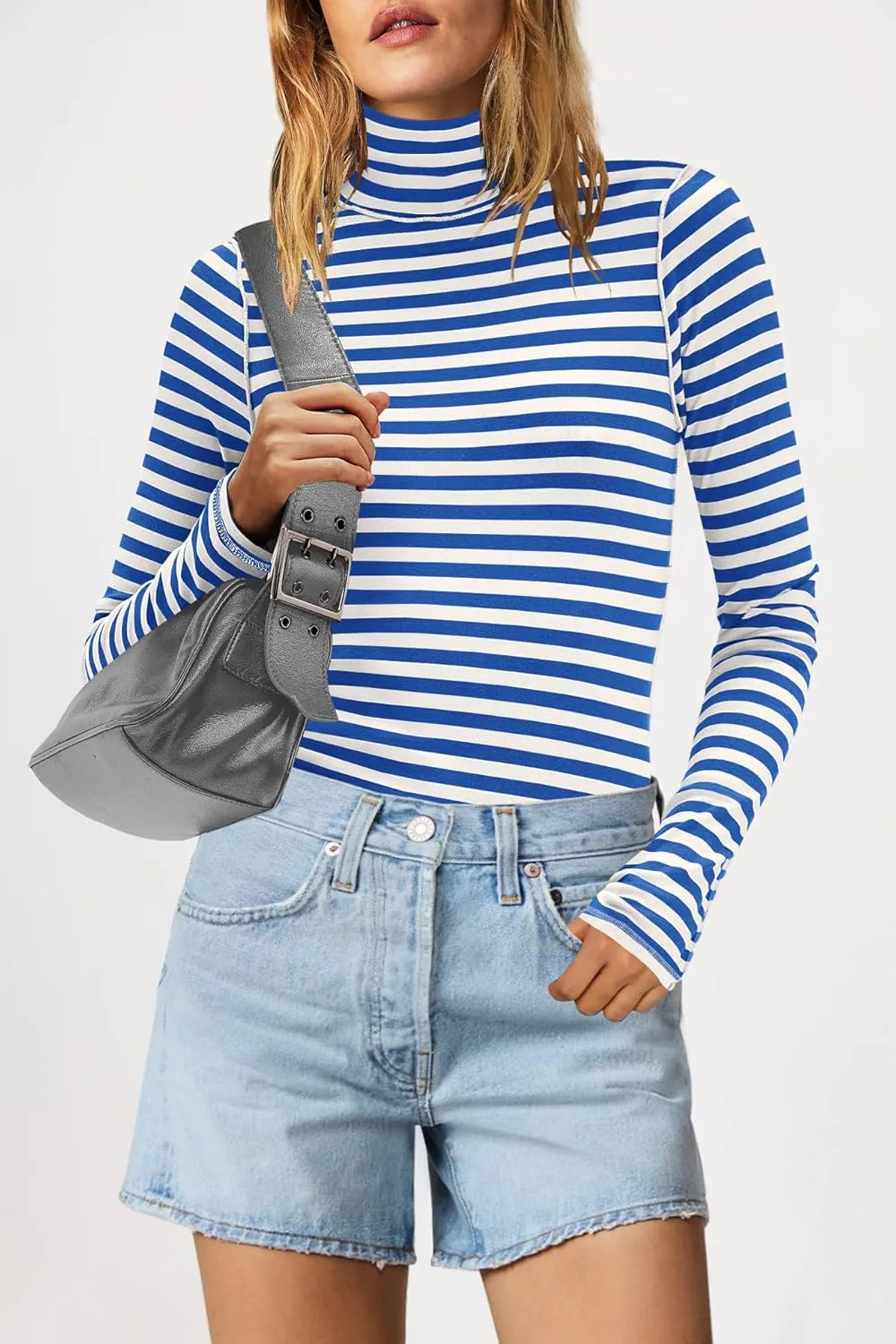 Yanekop Womens Striped Turtleneck Shirt Long Sleeve Striped Shirts Ribbed Knit Slim Fit Top Fitted Basic Tees