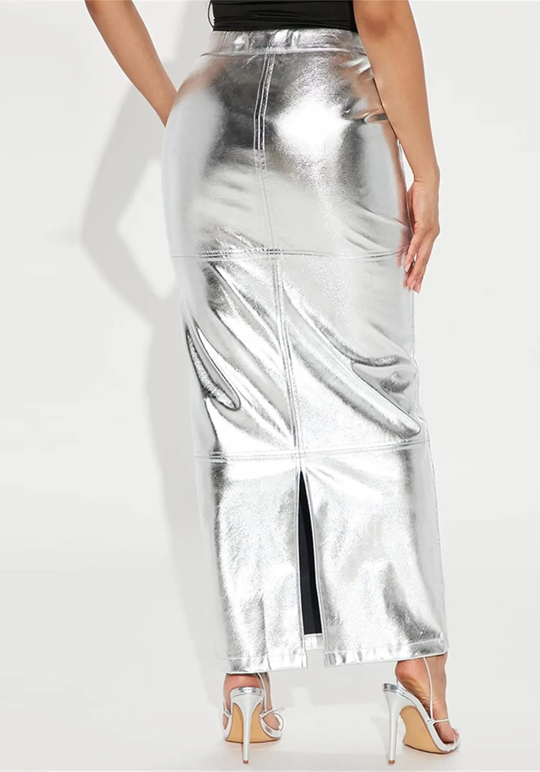 YOOTIKO Women Metallic Leather Skirt with Slit High Waisted Pencil Bodycon Summer Work Maxi Skirts