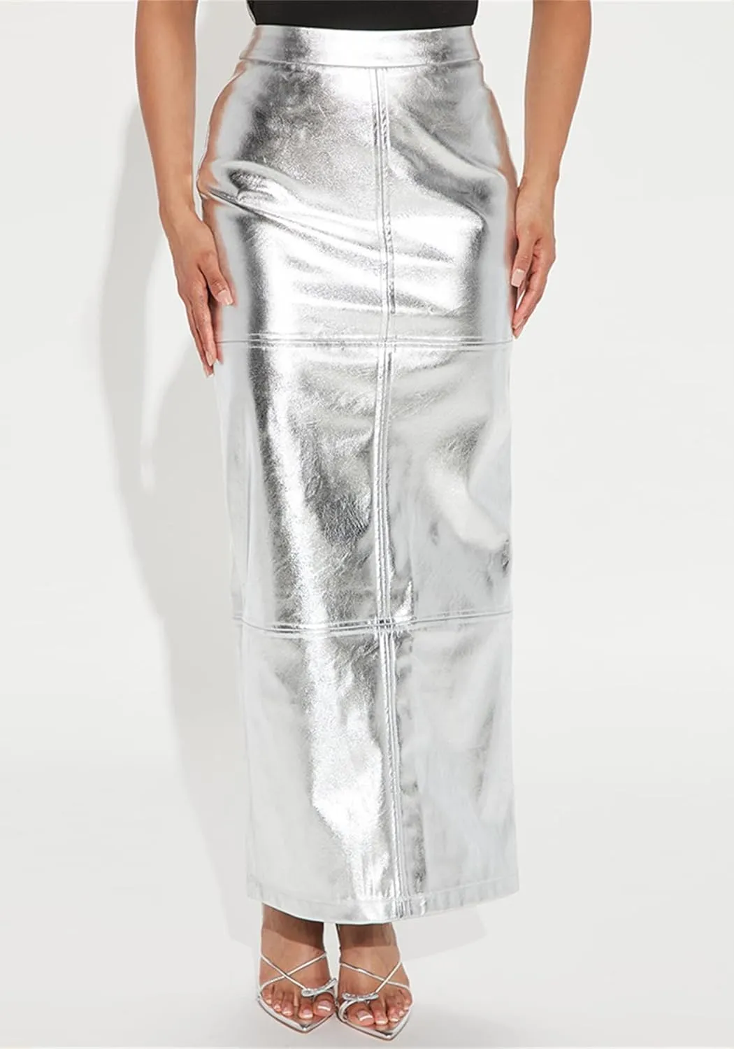 YOOTIKO Women Metallic Leather Skirt with Slit High Waisted Pencil Bodycon Summer Work Maxi Skirts