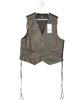 ZARA Brown Vintage Effect Leather Waistcoat UK L